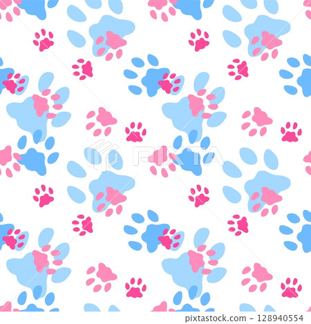 Animal footprint seamless pattern. Cat and dog foot. Zoo and wildlife footsteps. Kitty and puppy symbol. Mammal hand. Decor textile, wrapping paper, wallpaper. Print for fabric. Vector background Animal footprint seamless pattern. Cat and dog foot. Zoo and wildlife footsteps. Kitty and puppy symbol. Mammal hand. Decor textile, wrapping paper, wallpaper. Print for fabric. Vector background 128940554