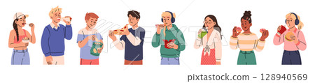 Happy people eat fastfood. Cartoon characters with pizza and burgers. Unhealthy meal. Woman holding hotdog. Man chewing noodles. Tasty lunch snack. Eating on go. Street food set. Vector illustration Happy people eat fastfood. Cartoon characters with pizza and burgers. Unhealthy meal. Woman holding hotdog. Man chewing noodles. Tasty lunch snack. Eating on go. Street food set. Vector illustration 128940569