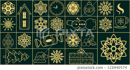 Geometric Xmas ornament. Christmas modern festive decoration. Simple winter shapes. Abstract holiday design. Minimal Bauhaus symbols. Outline snowflake. Gift box and sweets. Fir tree. Vector line set 128940574