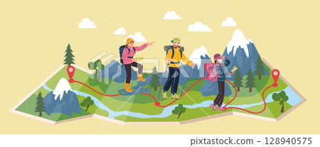 Map travel. Tourist on mountain road. Journey path on nature. Hiker people walk route. Rocky landscape. Adventure tourism. Camper hiking. Outdoor family vacation. Explorer orienteering. Vector concept 128940575
