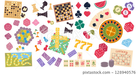 Board games. Casino lucky chips. Poker cards ace. Cartoon roulette dice. Family strategy play. Lotto table. Gambling entertainment. Domino and mahjong. Blackjack bet. Vector gamble hobby objects set 128940576