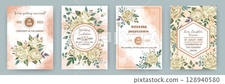 Card peach. Rose floral wedding invitation. Elegant spring frame, watercolor bouquet. Botanical postcard decoration. Bridal backdrop summer poster design. Delicate template. Vector tidy background set 128940580