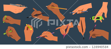 Hand drawing gesture. Female hold crayons or pens. Brush in fingers. School education. Arm in different writing poses. Art icon. Gesticulation communication. Artists palms. Vector painter supplies set Hand drawing gesture. Female hold crayons or pens. Brush in fingers. School education. Arm in different writing poses. Art icon. Gesticulation communication. Artists palms. Vector painter supplies set 128940584