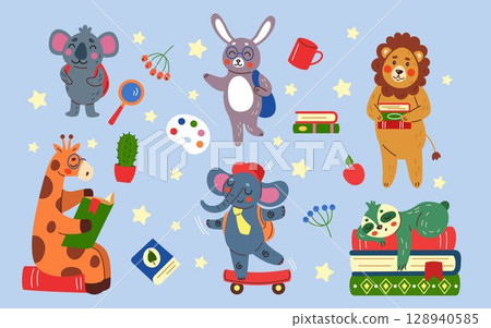 Cute animal schoolboy. Children education. Student pet reading textbook. Book in library. Lion learning lessons. Happy hare with backpack. Kids drawing concepts set. Character vector tidy illustration 128940585