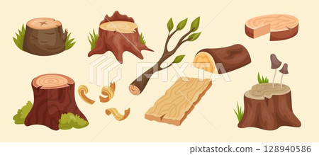 Wood slice. Tree stump. Timber objects. Sawn logs. Wooden planks. Cartoon graphic icon. Forestry material. Carpentry logging. Lumber cut. Pine trunk and branch. Vector woodland illustration tidy set Wood slice. Tree stump. Timber objects. Sawn logs. Wooden planks. Cartoon graphic icon. Forestry material. Carpentry logging. Lumber cut. Pine trunk and branch. Vector woodland illustration tidy set 128940586