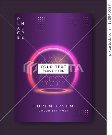 3D sphere shield. Creative poster. Glowing protective barrier. Geometric round shape with hexagon. Abstract circle bubble. Neon energy flash dome. Shiny orb. Vector invitation banner design template 3D sphere shield. Creative poster. Glowing protective barrier. Geometric round shape with hexagon. Abstract circle bubble. Neon energy flash dome. Shiny orb. Vector invitation banner design template 128940587
