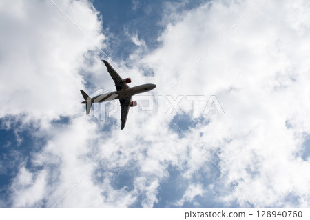 Passenger plane rising under the blue sky near Heathrow Airport on the outskirts of London Passenger plane rising under the blue sky near Heathrow Airport on the outskirts of London 128940760