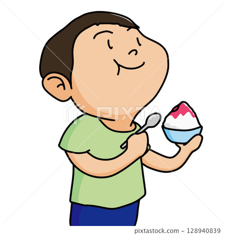 男孩吃草莓刨冰 男孩吃草莓刨冰 128940839