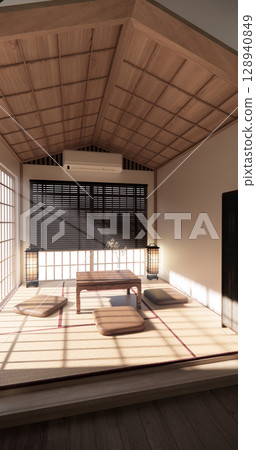 Chabudai japan traditional low table and decoration on minimal Japandi room japan style.3D rendering Chabudai japan traditional low table and decoration on minimal Japandi room japan style.3D rendering 128940849
