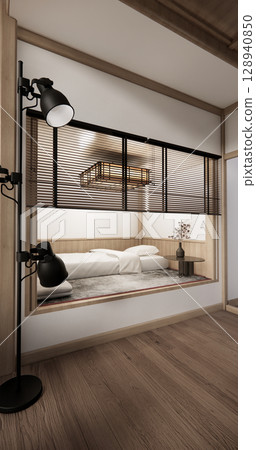 Bedroom Japanese traditional and mattress bed on floor and decoration japanese . 3D rendering Bedroom Japanese traditional and mattress bed on floor and decoration japanese . 3D rendering 128940850