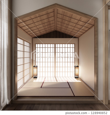 Tatami mat floor, room japanese traditional style. 3D rendering Tatami mat floor, room japanese traditional style. 3D rendering 128940852