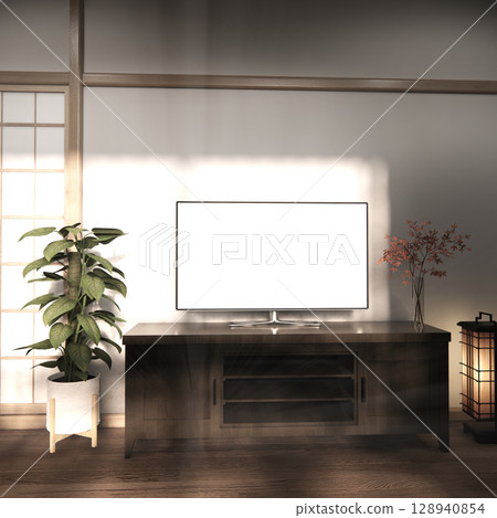Mock up Cabinet design on earth tone wood room interior modern style .3D rendering Mock up Cabinet design on earth tone wood room interior modern style .3D rendering 128940854