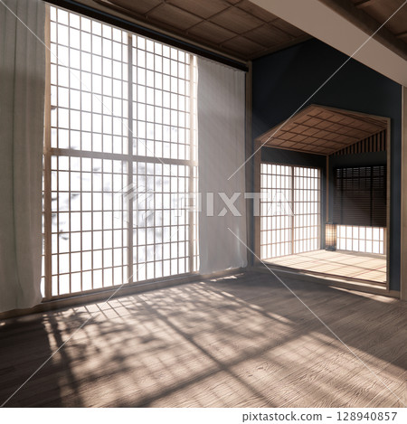 Cool colors give a feeling of coolness and calmness. Japanese traditional room, Mock up empty room and decoration room japan style.3D rendering Cool colors give a feeling of coolness and calmness. Japanese traditional room, Mock up empty room and decoration room japan style.3D rendering 128940857