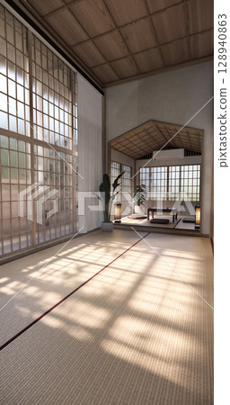 Tatami mat floor, room japanese traditional style. 3D rendering 128940863