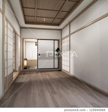 Mock up Cabinet design on earth tone wood room interior modern style .3D rendering Mock up Cabinet design on earth tone wood room interior modern style .3D rendering 128940866