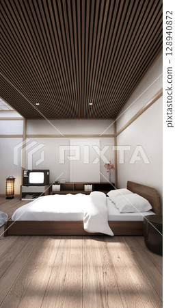 Bedroom Japanese traditional and mattress bed on floor and decoration japanese . 3D rendering Bedroom Japanese traditional and mattress bed on floor and decoration japanese . 3D rendering 128940872