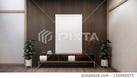 Mock up Cabinet design on earth tone wood room interior modern style .3D rendering 128940873