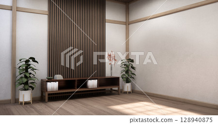 Mock up Cabinet design on earth tone wood room interior modern style .3D rendering 128940875