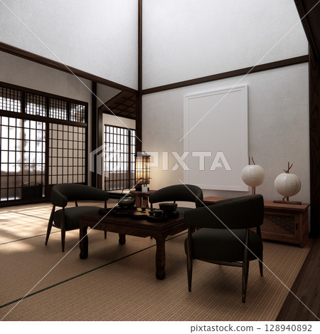 arm chair and decoration japanese on Modern room interior wabisabi style.3D rendering arm chair and decoration japanese on Modern room interior wabisabi style.3D rendering 128940892
