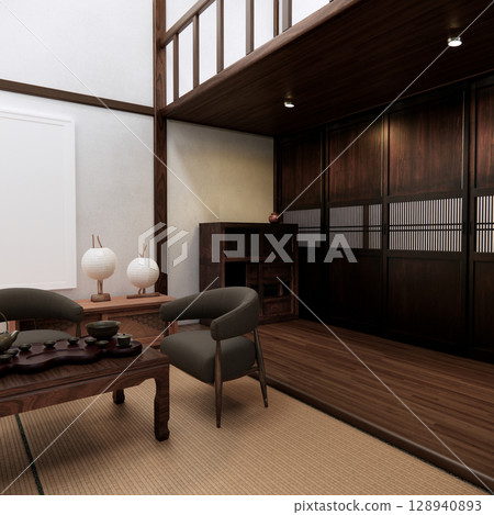 arm chair and decoration japanese on Modern room interior wabisabi style.3D rendering arm chair and decoration japanese on Modern room interior wabisabi style.3D rendering 128940893