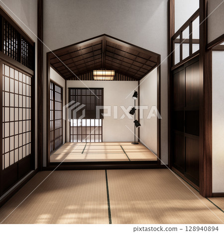 Mock up empty, Modern japanese tatami mat floor, room japanese traditional style. 3D rendering Mock up empty, Modern japanese tatami mat floor, room japanese traditional style. 3D rendering 128940894
