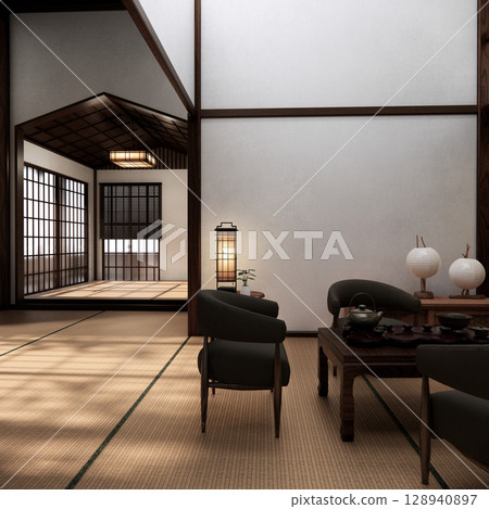 arm chair and decoration japanese on Modern room interior wabisabi style.3D rendering arm chair and decoration japanese on Modern room interior wabisabi style.3D rendering 128940897