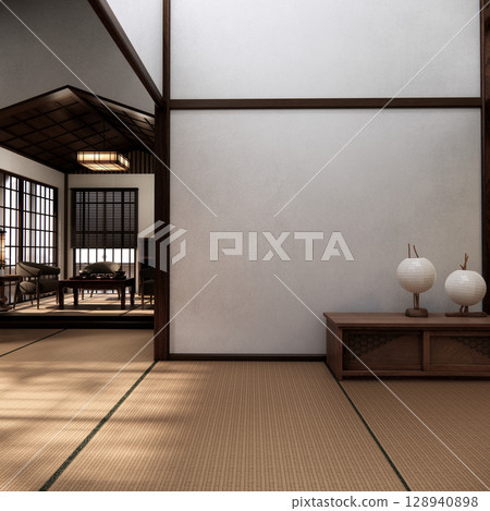 Mock up empty, Modern japanese tatami mat floor, room japanese traditional style. 3D rendering Mock up empty, Modern japanese tatami mat floor, room japanese traditional style. 3D rendering 128940898