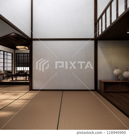 Mock up empty, Modern japanese tatami mat floor, room japanese traditional style. 3D rendering Mock up empty, Modern japanese tatami mat floor, room japanese traditional style. 3D rendering 128940900