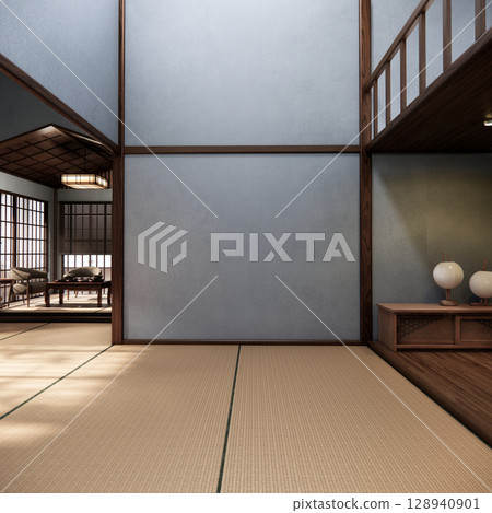 Dark blue color japan interior design,modern living room. 3d illustration, 3d rendering Dark blue color japan interior design,modern living room. 3d illustration, 3d rendering 128940901