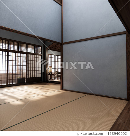 Dark blue color japan interior design,modern living room. 3d illustration, 3d rendering 128940902