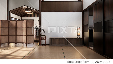mock up cabinet and plants decoration on living room minimal japan style.3D rendering 128940908