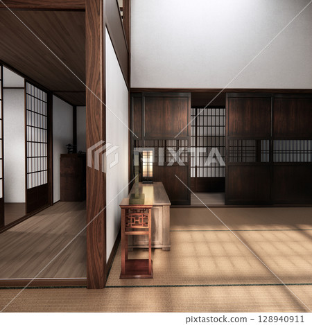 mock up cabinet and plants decoration on living room minimal japan style.3D rendering 128940911
