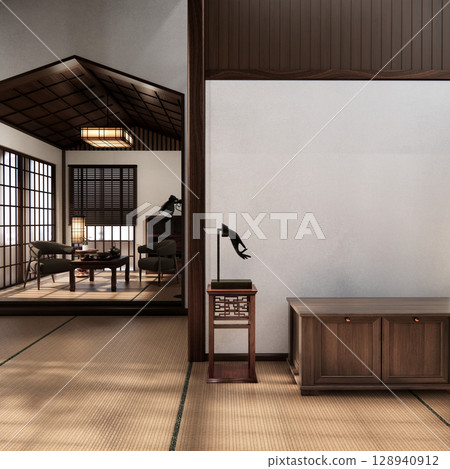 mock up cabinet and plants decoration on living room minimal japan style.3D rendering 128940912