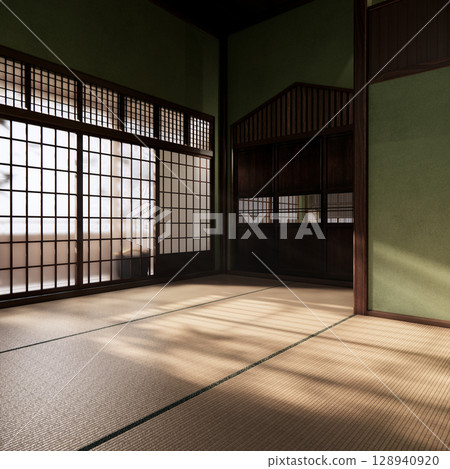 Wabisabi style living interior Green japanese room.3D rendering 128940920