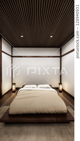 Bedroom japanese minimal style.,Modern white wall and wooden floor, room minimalist. 3D rendering Bedroom japanese minimal style.,Modern white wall and wooden floor, room minimalist. 3D rendering 128940931