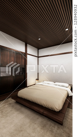 Bedroom japanese minimal style.,Modern white wall and wooden floor, room minimalist. 3D rendering Bedroom japanese minimal style.,Modern white wall and wooden floor, room minimalist. 3D rendering 128940932