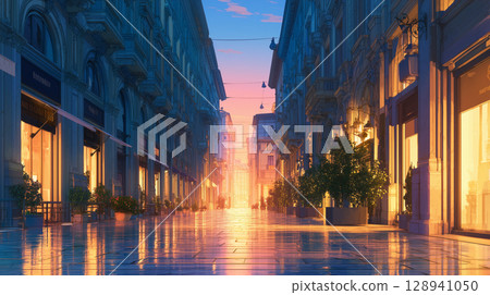 Milan at dusk: elegant fashion streets and sparkling boutiques Milan at dusk: elegant fashion streets and sparkling boutiques 128941050