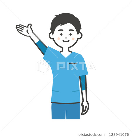 一名身穿手術服的男子朝上插圖 一名身穿手術服的男子朝上插圖 128941076