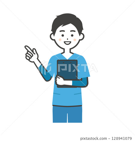 Illustration of a man in scrubs holding a document and pointing up Illustration of a man in scrubs holding a document and pointing up 128941079