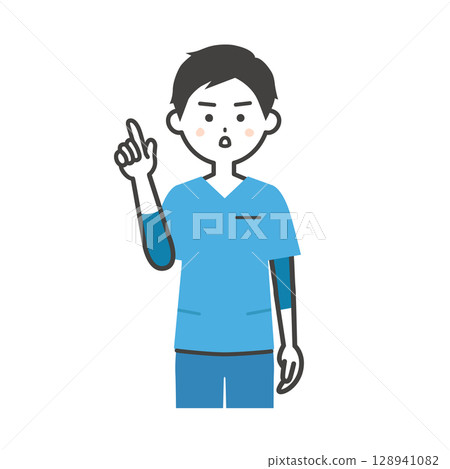 一名身穿手術服的男子麵帶嚴肅表情,指著上方 一名身穿手術服的男子麵帶嚴肅表情,指著上方 128941082
