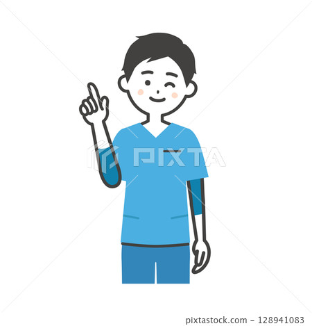 一名身穿工作服的男子眨眼並向上指的插圖 一名身穿工作服的男子眨眼並向上指的插圖 128941083