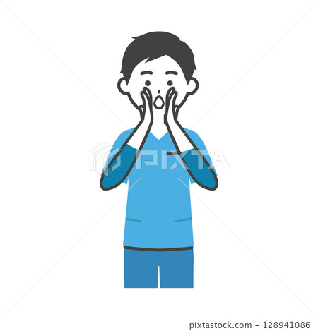 一名身穿手術服的男子雙手摀住嘴巴打電話的插圖 一名身穿手術服的男子雙手摀住嘴巴打電話的插圖 128941086