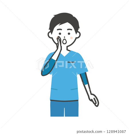 一名身穿手術服的男子用手摀住嘴巴打電話的插圖 128941087