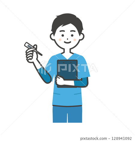 一名身穿灌木叢的男子手持溫度計的插圖 一名身穿灌木叢的男子手持溫度計的插圖 128941092