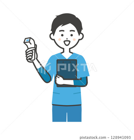 一名身穿灌木叢的男子手持溫度計的插圖 一名身穿灌木叢的男子手持溫度計的插圖 128941093
