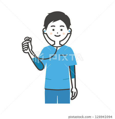 一名身穿手術服的男子手持聽診器的插圖 一名身穿手術服的男子手持聽診器的插圖 128941094