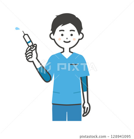 一名身穿手術服的男子手持注射器的插圖 128941095