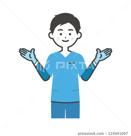 Illustration of a man wearing rubber gloves and scrubs 128941097