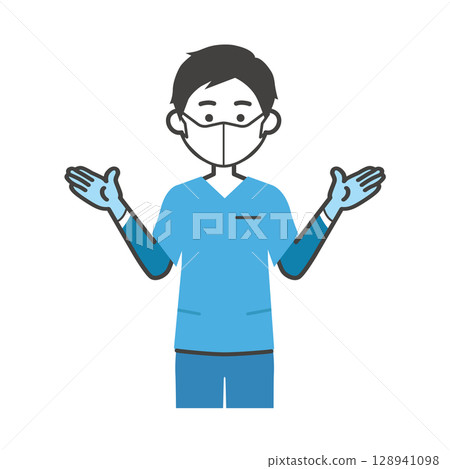 一名男子穿著手術服和橡膠手套的插圖 128941098