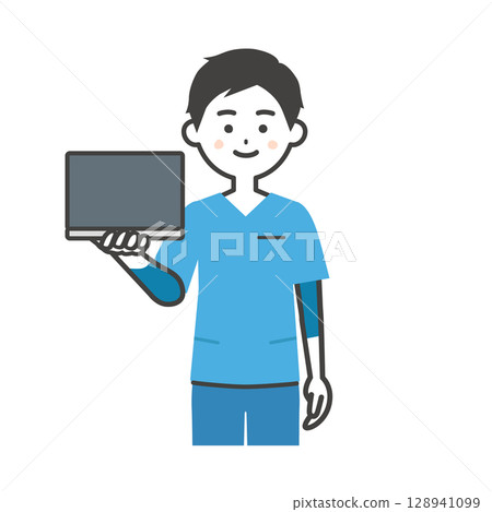 一名身穿工作服的男子手持筆記型電腦的插圖 128941099